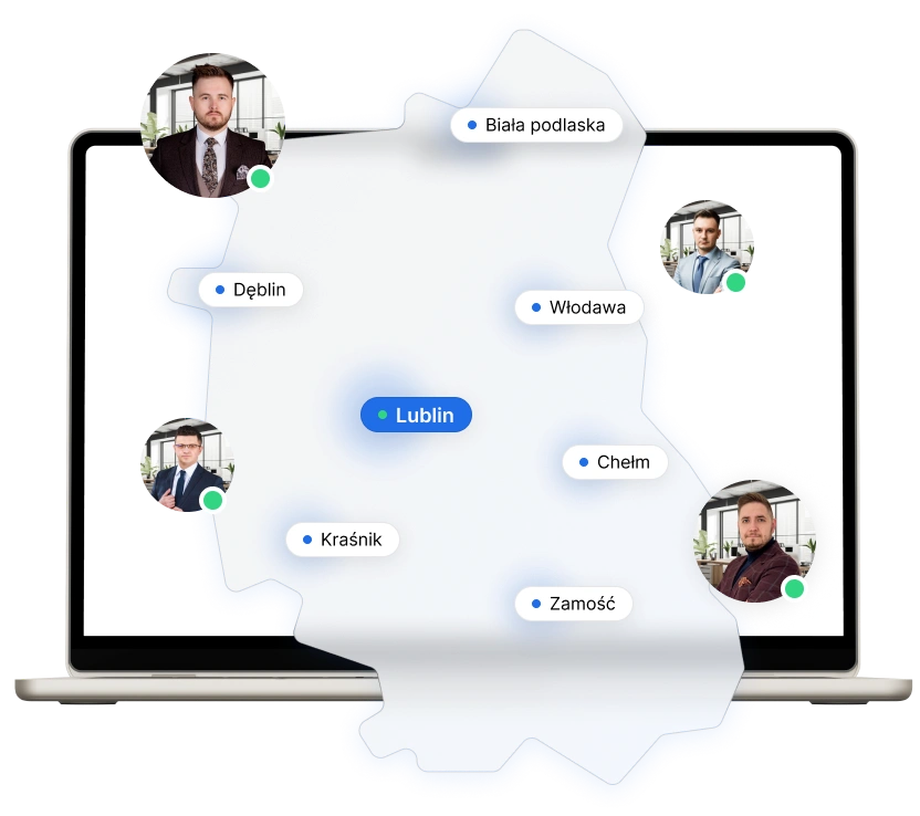 Mapa województwa z zaznaczonymi miastami: Namysłów, Kluczbork, Brzeg, Nysa, Kędzierzyn-Koźle, Głubczyce i Opole. Obok widoczna statystyka pokazująca liczbę 37 miast, 71 gmin i 1017 miejscowości, w których świadczona jest pomoc prawna w sprawach odszkodowawczych. W centrum znajduje się zdjęcie prawniczki na tle eleganckiego biura, symbolizujące profesjonalną obsługę.