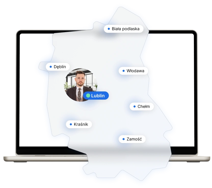 Mapa województwa z zaznaczonymi miastami: Namysłów, Kluczbork, Brzeg, Nysa, Kędzierzyn-Koźle, Głubczyce i Opole. Obok widoczna statystyka pokazująca liczbę 37 miast, 71 gmin i 1017 miejscowości, w których świadczona jest pomoc prawna w sprawach odszkodowawczych. W centrum znajduje się zdjęcie prawniczki na tle eleganckiego biura, symbolizujące profesjonalną obsługę.